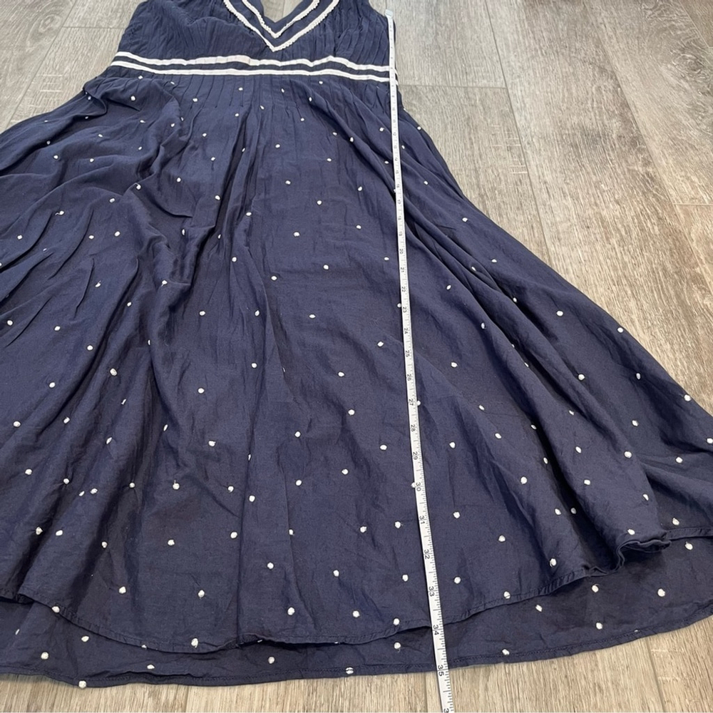 GUESS Retro Halter Midi Dress Navy Cotton With Cream Crochet and Embroidery Trim - Picture 11 of 12